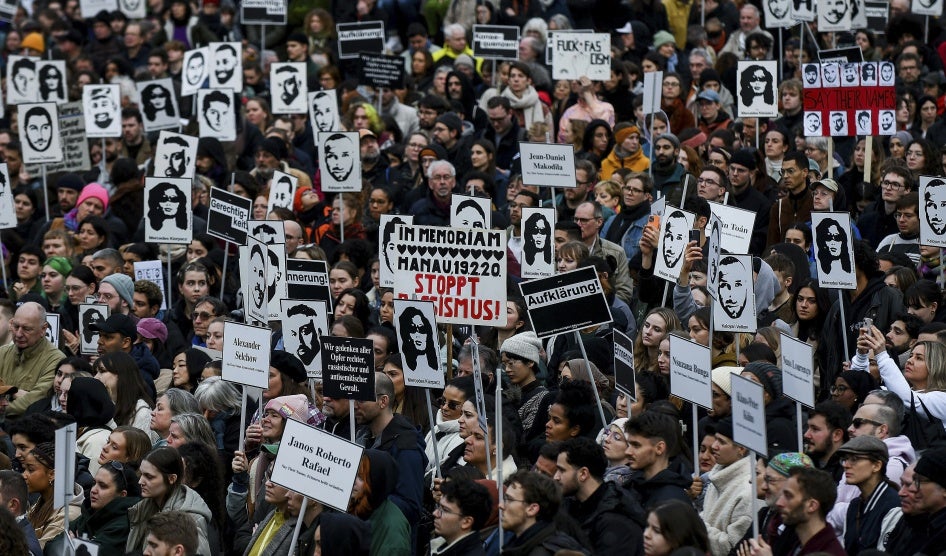 Demonstrators mark the anniversary of a far-right extremist attack on February 19, 2020 in Hanau, Germany, that killed nine persons of predominantly Muslim background, February 17, 2024.
