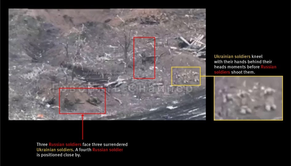 A still frame extracted from drone footage filmed in a field between Verbove and Robotyne vilages in the Zaporizka region, Ukraine, shortly before a Russian soldier shoots at three surrendered Ukrainian soldiers at close range.