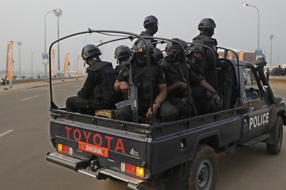 Cameroonian police officers near the Olembe stadium in Yaoundé, Cameroon, February 3, 2022.