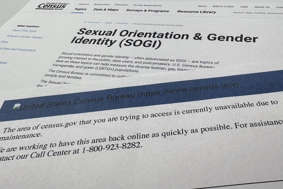 A page, top, from the US government Census.gov website that displayed on January 24, 2025 about sexual orientation and gender identity, and the error page, bottom, showing the page was not available on January 31, 2025. 