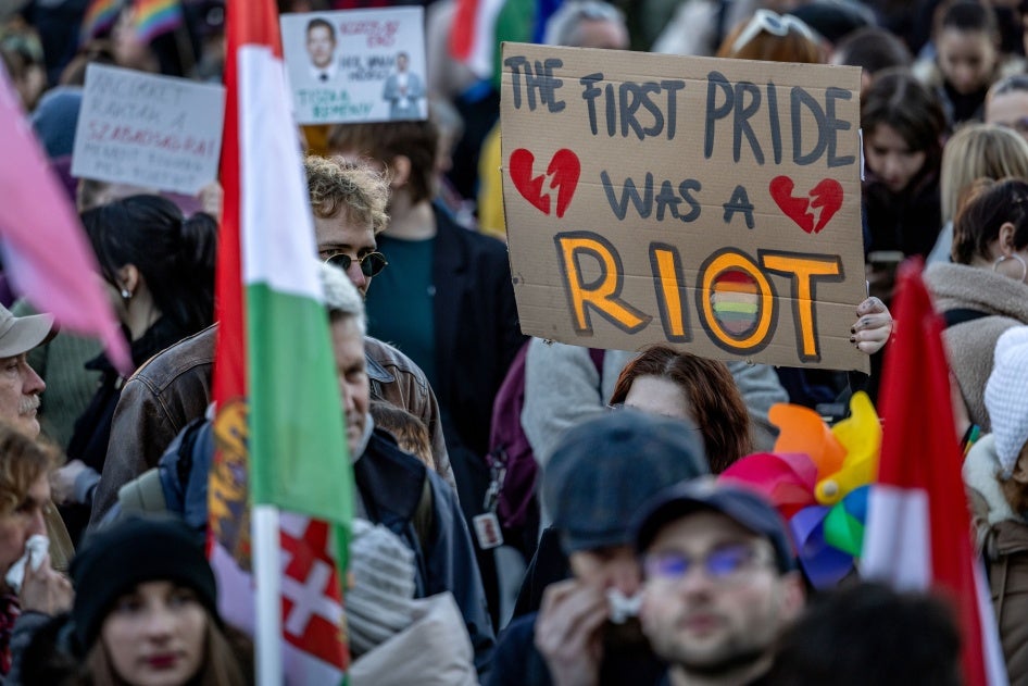 A demonstrator holds a banner during a protest against a new law banning Pride events