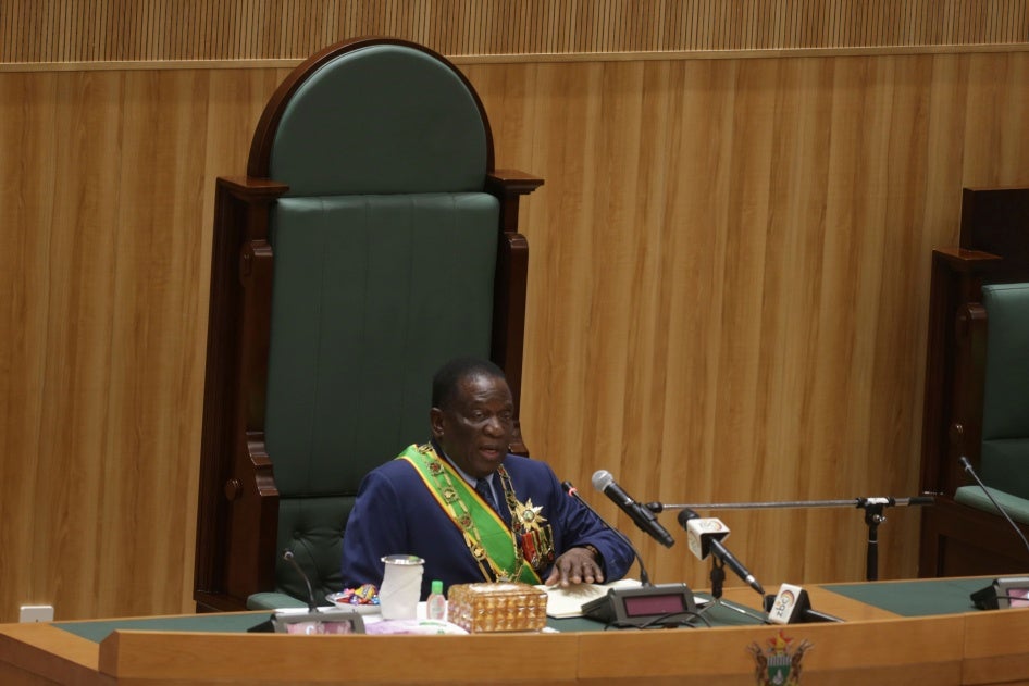 Zimbabwean President Emmerson Mnangagwa delivers his State of the Nation address to parliament, in Harare, October 3, 2023.