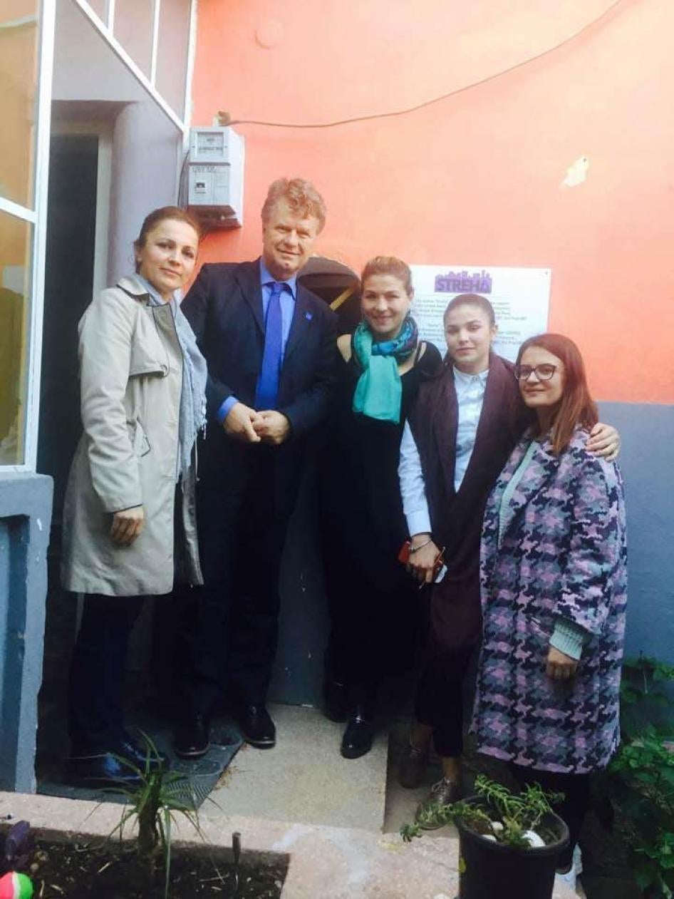LGBT Program Advocacy Director Boris Dittrich (2nd from Left) with the psychologist and the social workers from an LGBT youth shelter, STREHA, in Tirana, Albania. 