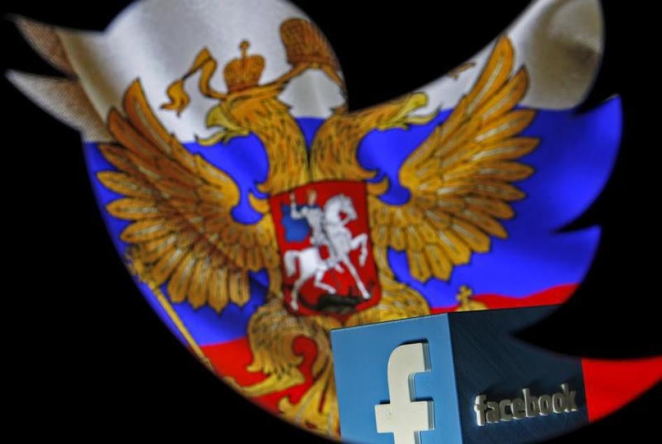 A photo illustration interweaving the Russian flag with the Facebook and Twitter logos taken in Zenica, Bosnia and Herzegovina, May 22, 2015.
