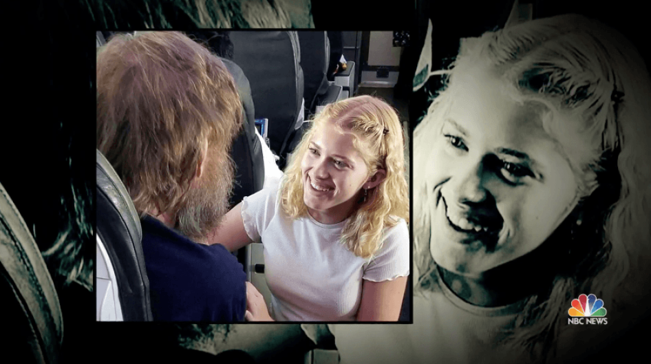 Screen grab of NBC video, Teenage girl uses sign language to help deaf and blind man on flight.