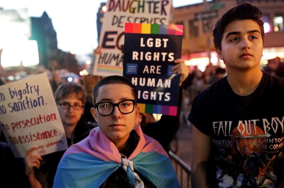 People protesting the Trump administration’s policies toward gender and gay rights in New York last year.