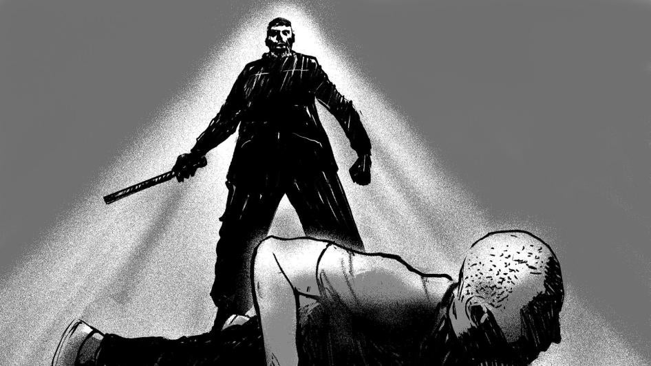 Illustration based on a detainee's testimony about abuse inflicted on him in detention in the Grozny Internal Affairs Department compound, in Chechnya because of his presumed sexual orientation.