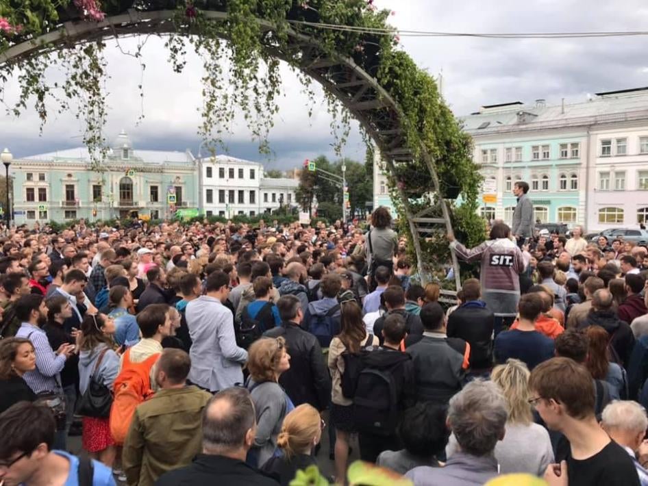 People gather at Trubnaya Square to protest the exclusion of opposition candidates from the Moscow legislature election