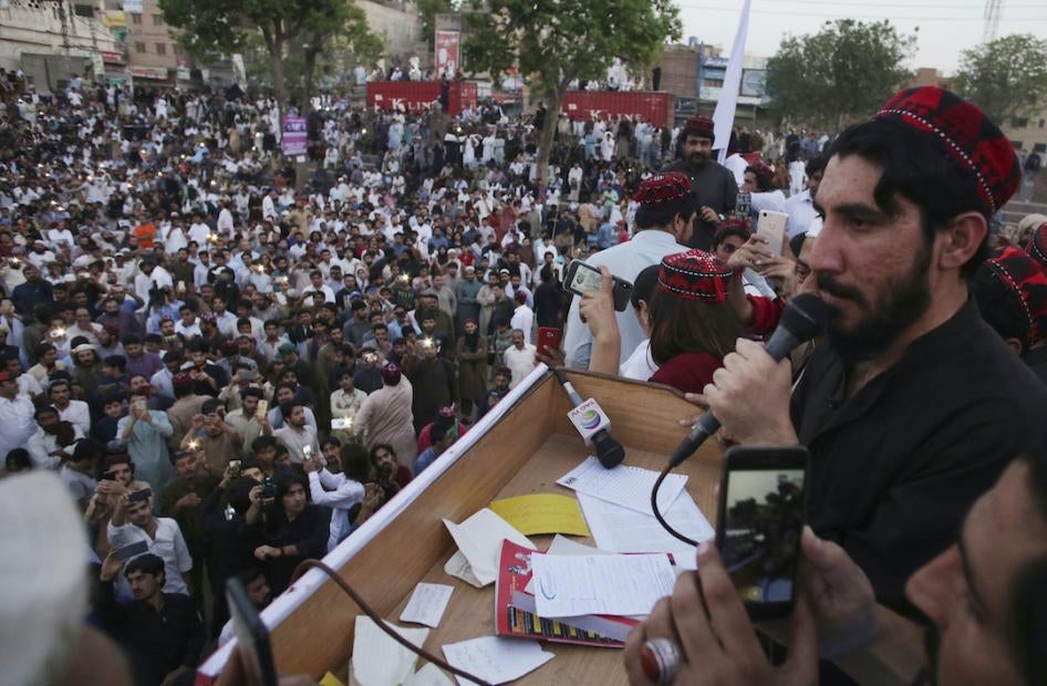 Manzoor Pashteen, a leader of the Pashtun Tahafuz Movement (PTM), addresses supporters during a rally in Lahore, Pakistan, April 22, 2018.