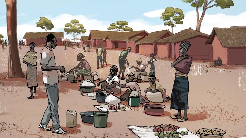 Group of people outside in a village 