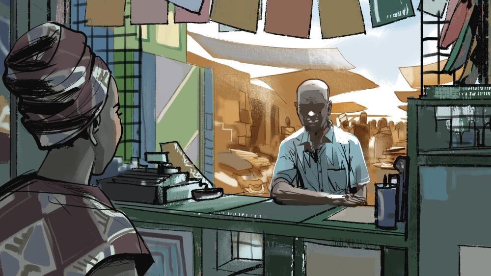 Illustration of a man speaking to a woman in a shop