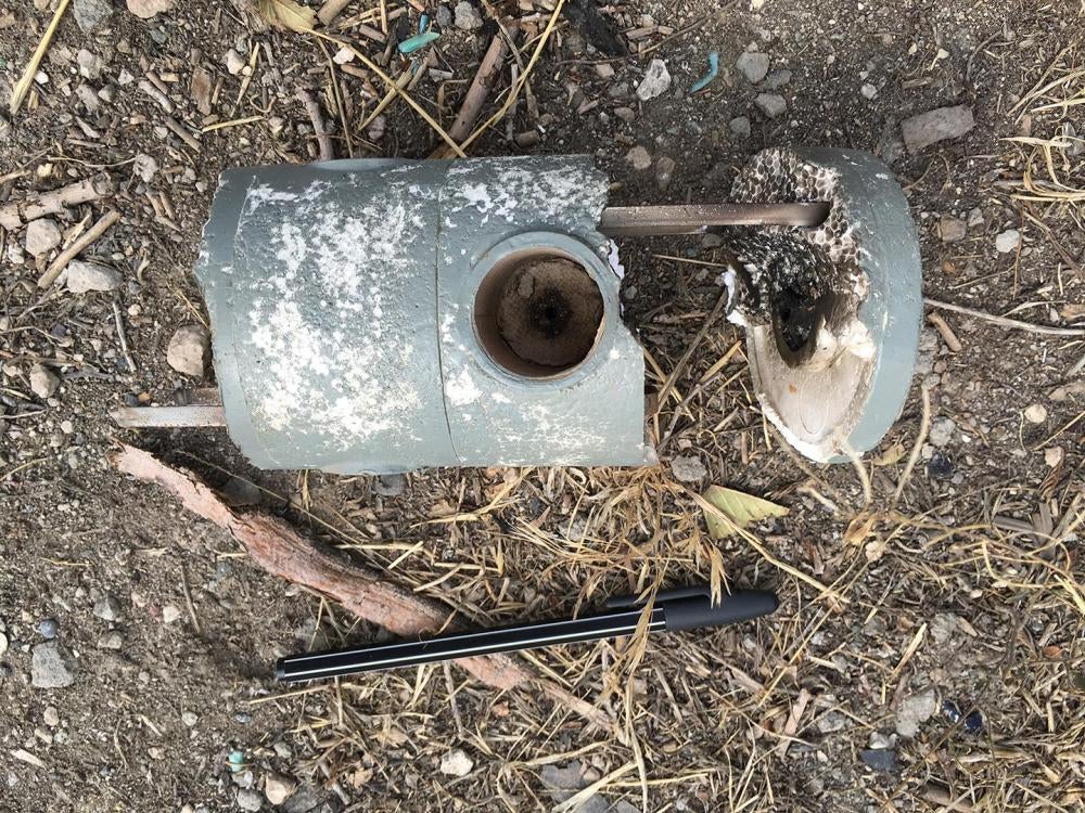 A remnant of a rocket-projected stun grenade fired by police into the middle of peacefully gathered crowds in the Erebuni district of Yerevan on July 29, 2016. 