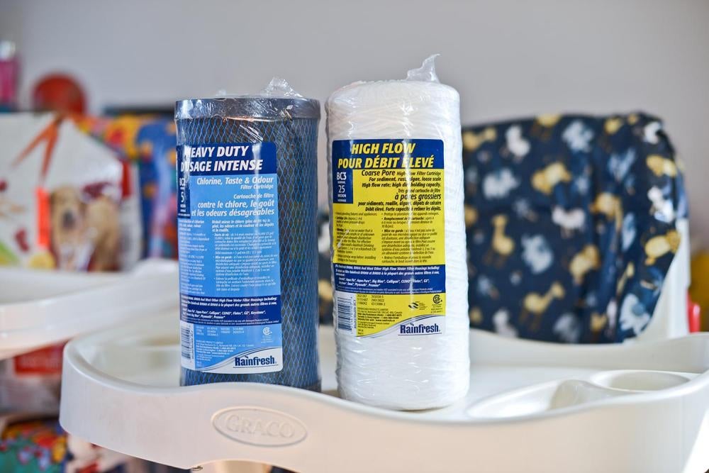 Filters provided by Batchewana First Nation to a household with poor quality well water. Without the filters the water is unusable even for bathing or cleaning; and households must always use bottled water for drinking.