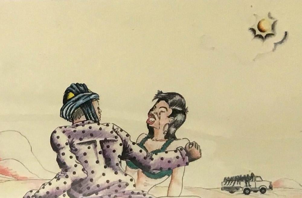 “Violence in the Sahara,” drawing by a Senegalese man hanging in the Villa Sikania reception center in Sicily. 