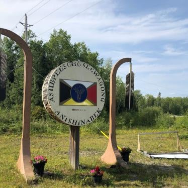 Sign entering Grassy Narrows First Nation, in northwestern Ontario, Canada.