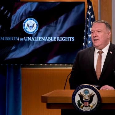 A monitor displays the words "Commission on Unalienable Rights" behind Secretary of State Mike Pompeo as he speaks during a news conference at the State Department in Washington, July 15, 2020.