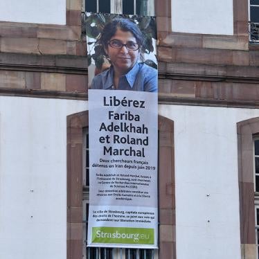 Message on the facade of the Strasbourg City Hall in France calling for the release of Fariba Adelkhah and Roland Marchal, two French scientists detained in Iran since June 2019.
