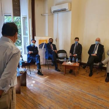 Several European diplomats attend a meeting at the Egyptian Initiative for Personal Rights' (EIPR) office in Cairo on November 3, 2020.