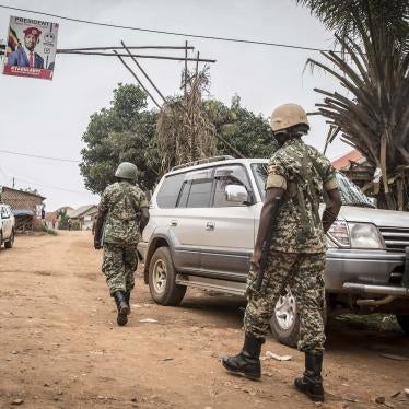Ugandan soldiers patrol near the house of Ugandan opposition presidential candidate Robert Kyagulanyi, also known as Bobi Wine in Magere, Uganda. 