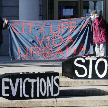 Tenants’ rights advocates demonstrate in front of the Edward W. Brook Courthouse in Boston
