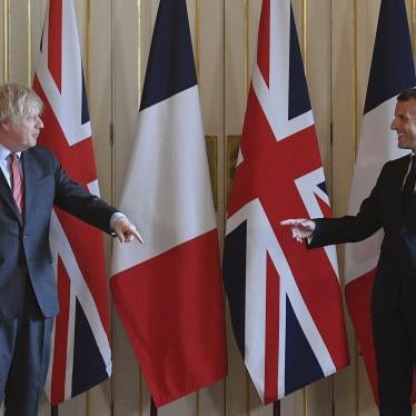 French President Emmanuel Macron, right, and Britain's Prime Minister Boris Johnson, during a visit to 10 Downing Street in London on June 18, 2020. 