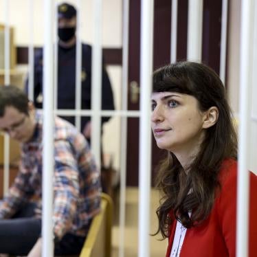 Belarusian journalist Katsiaryna Barysevich, right, and Dr. Artsiom Sorokin attend a court hearing in Minsk, Belarus, 19 February, 2021.