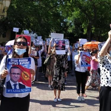 Protestors in central Bishkek demanding Orhan Inandi, who disappeared on May 31, be found, hold posters with his image that read “Orhan Inandi is a Kyrgyz citizen! He should be found!”