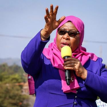 Tanzania's President Samia Suluhu Hassan speaks during a tour of the Tanga region of Tanzania on March 16, 2021. 