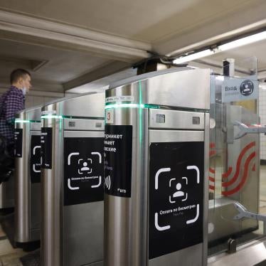 Facial recognition payment gates at Smolenskaya metro station in Moscow, Russia.