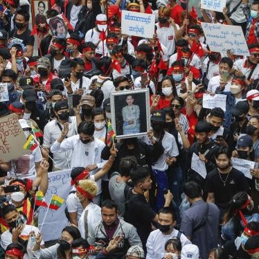 Demonstrators protest against the ruling military junta during a rally to mark the second anniversary of the coup in Myanmar outside the Myanmar embassy in Bangkok, Thailand.
