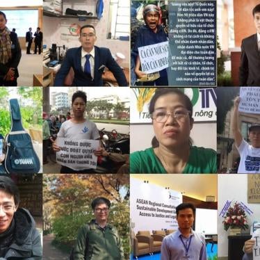 Twelve Vietnamese rights activists and bloggers currently detained for exercising their basic rights. Top row from left to right: Bui Tuan Lam, Le Manh Ha, Dinh Van Hai, Bui Van Thuan. Center row:  Pham Doan Trang, Trinh Ba Phuong, Nguyen Thi Tam, Truong Van Dung. Bottom row: Nguyen Lan Thang, Mai Phan Loi, Dang Dinh Bach, Tran Van Bang. 
