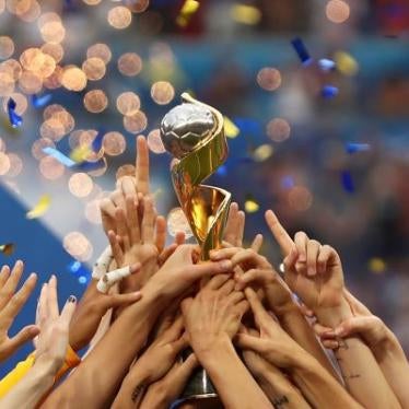 In this July 7, 2019, file photo, the United States players hold the trophy as they celebrate winning the Women’s World Cup final soccer match against The Netherlands at the Stade de Lyon in Decines, outside Lyon, France. The 2023 Women’s World Cup will be spread across nine cities in Australia and New Zealand. (AP Photo/Francisco Seco, File)
