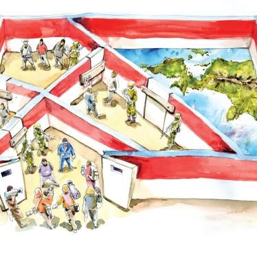 Cartoonist's depiction of Indonesian government restrictions on media freedom and rights monitoring in Papua.