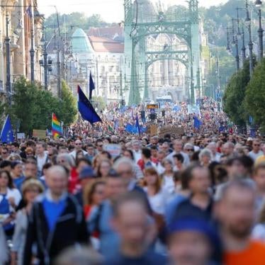 Protesters attend a rally against Hungarian government's clampdown on a top foreign university and non-government organisations in Budapest, Hungary, May 21, 2017.