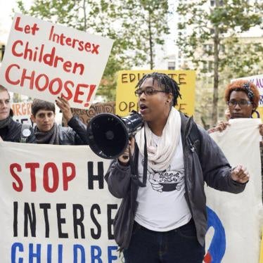 Intersex activist Sean Saifa Wall protests outside Lurie Children’s Hospital in Chicago for Intersex Awareness Day on October 26, 2017. 