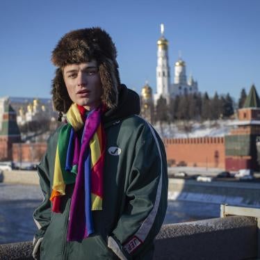 Russian blogger, Zhenya Svetski, wearing a rainbow scarf in Moscow, December 2018. 