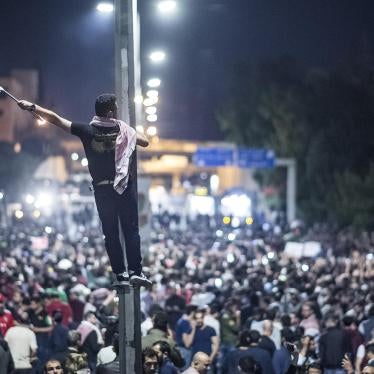 Protestor raises the Jordanian flag during 2018 protest in front of the prime ministry building in Amman