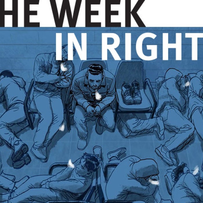 Graphic of detainees sleeping in crowded arrangement. 